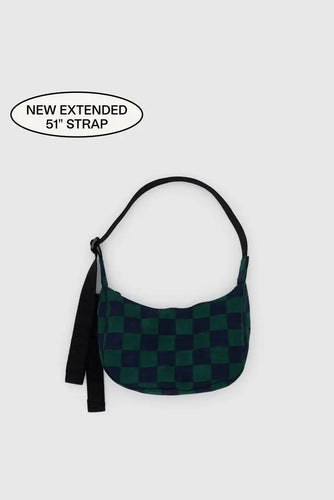 Baggu - Small Nylon Crescent Bag, Navy Green Check