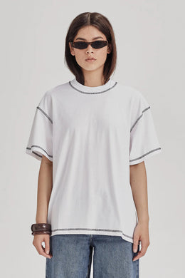 Commoners - Womens Boy Tee, White w/ Stormy Topstitch