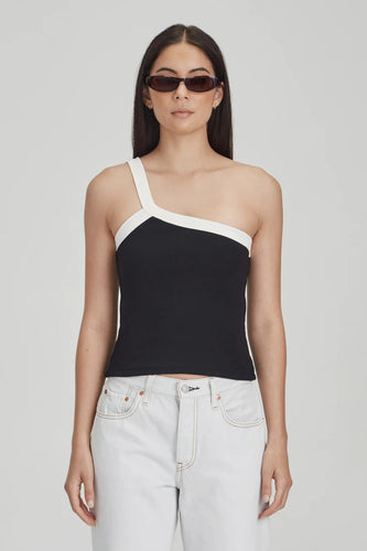 Commoners - Fitted Rib Single Shoulder Tank, Black w/ White