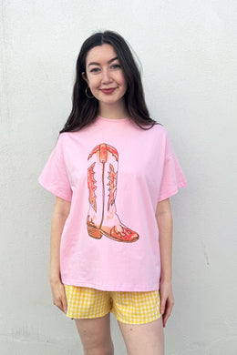 By Frankie - Cowboy Boot T Shirt Set, Pink/Yellow Gingham