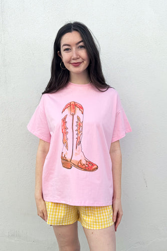 By Frankie - Cowboy Boot T Shirt Set, Pink/Yellow Gingham