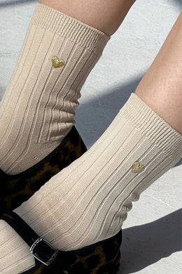 Le Bon Shoppe - Embroidered Her Socks MC Cotton, Porcelain/ Gold Heart